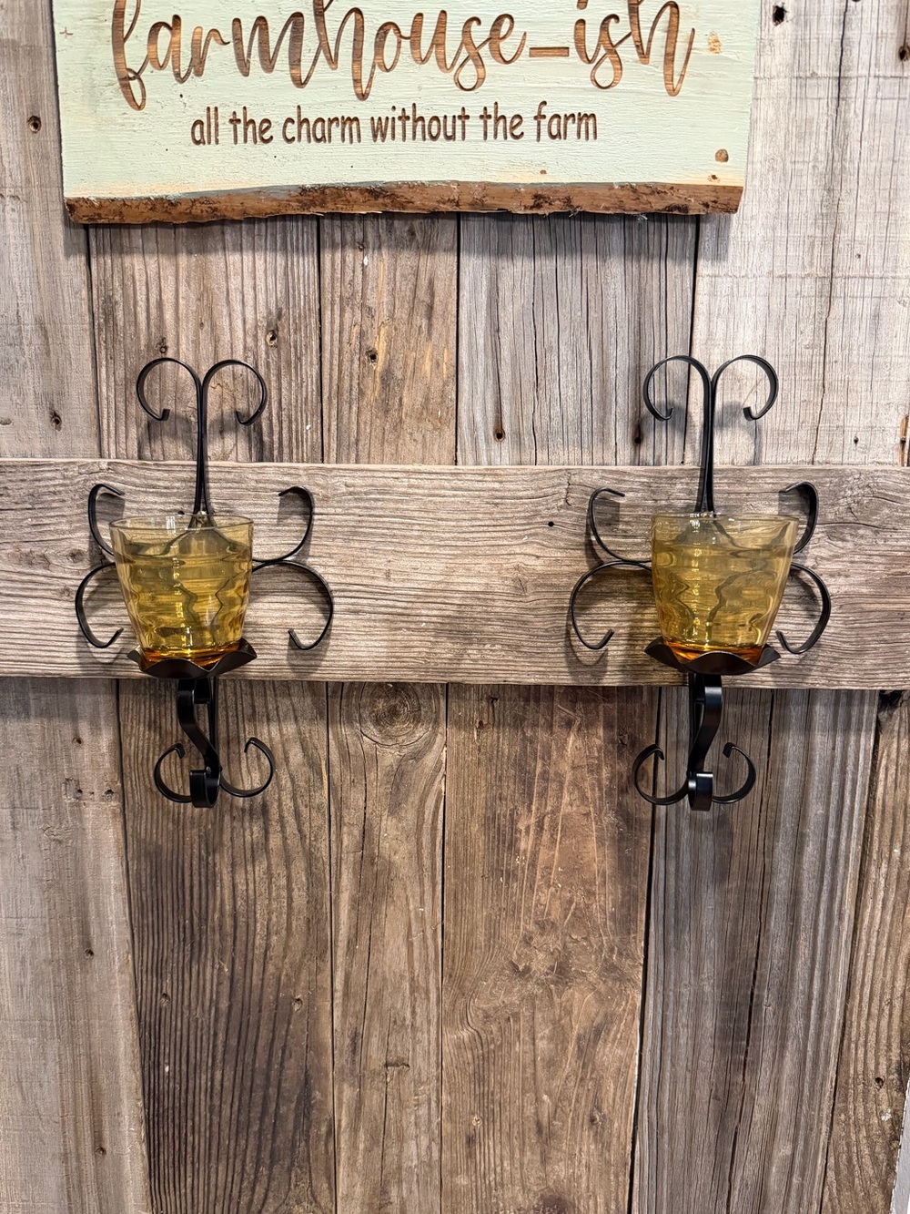 Vintage Rustic Black Iron Wall Sconce Pair with Amber Glass Cups